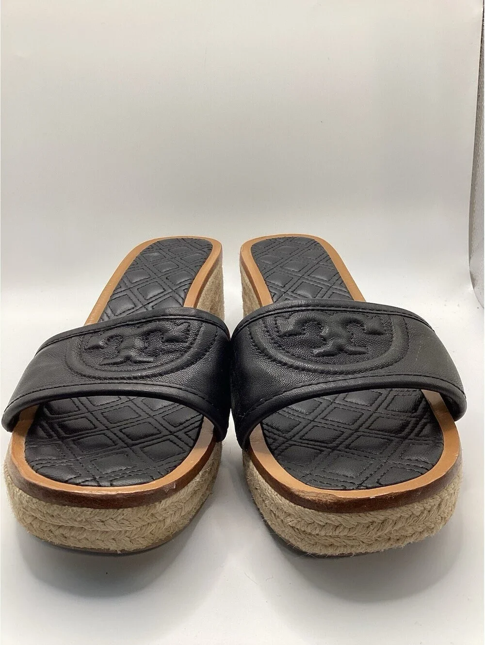 TORY BURCH Quilted Fleming Woven Wedge Espadrille Sandal Size 8.5 Black Leather